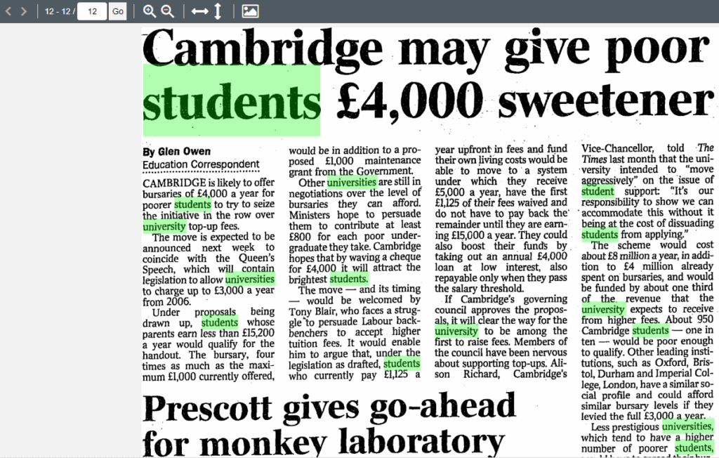 Owen, Glen. "Cambridge may give poor students £4,000 sweetener." Times, 22 Nov. 2003, p. 12. The Times Digital Archive