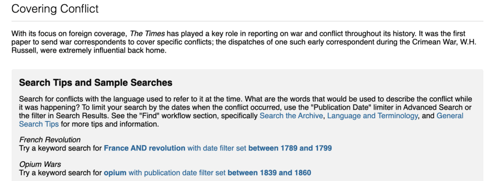 Sample topics and search from The Times Digital Archive