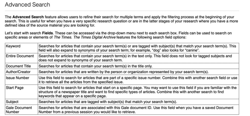 Gale Learning Center Times Digital Archive advanced search 