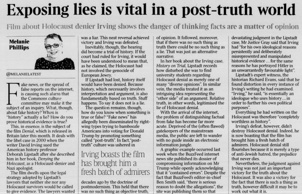 Phillips, Melanie. "Exposing lies is vital in a post-truth world." Times, 17 Jan. 2017, p. 24. The Times Digital Archive