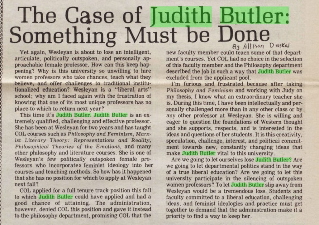 Article on postmodern gender theorist, Judith Butler.  From Daskal, Allison. 
