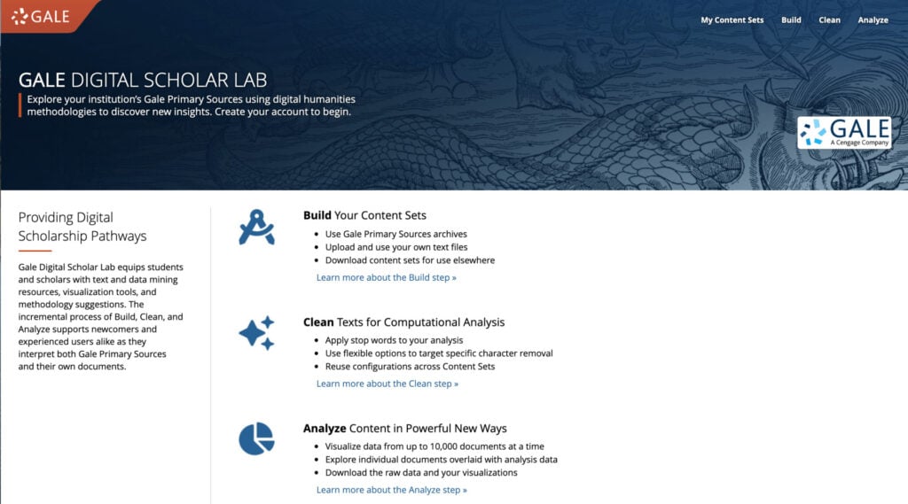 Gale Digital Scholar Lab platform home page. 
