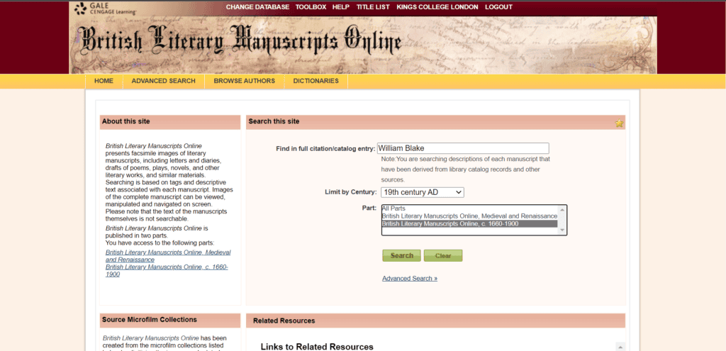  Screenshot of the search feature in Gale’s British Literary Manuscripts Online archive. 