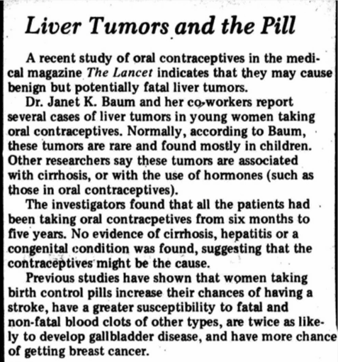 "Liver Tumors and the Pill." Her-Self: Community Women's Newspaper, Apr. 1974, p. 3. Women's Studies Archive