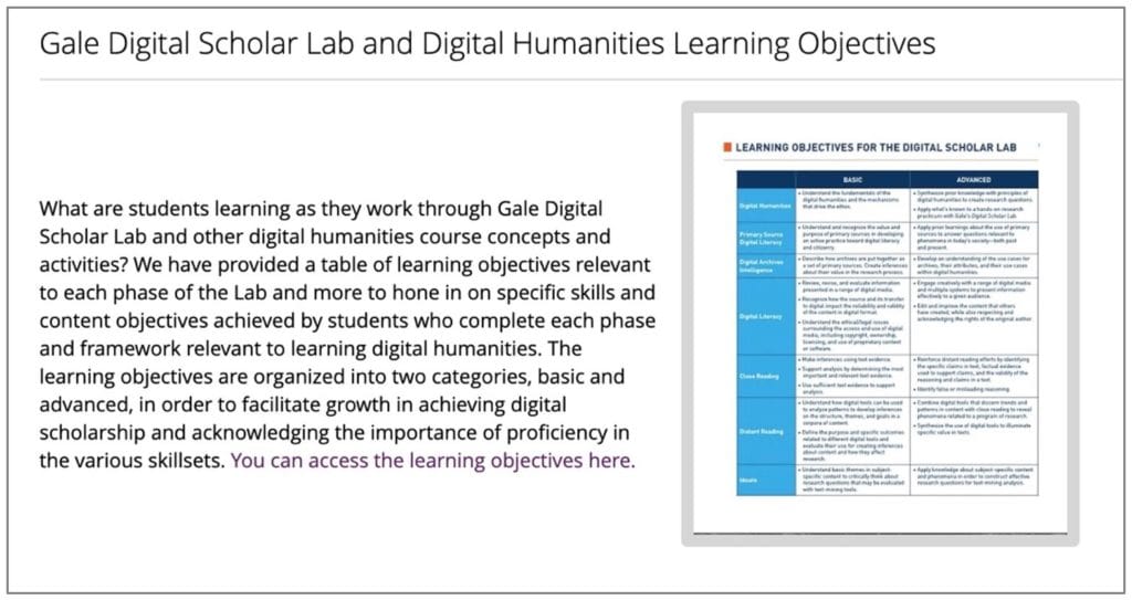 The Learning Objectives found in the Gale Digital Scholar Lab,