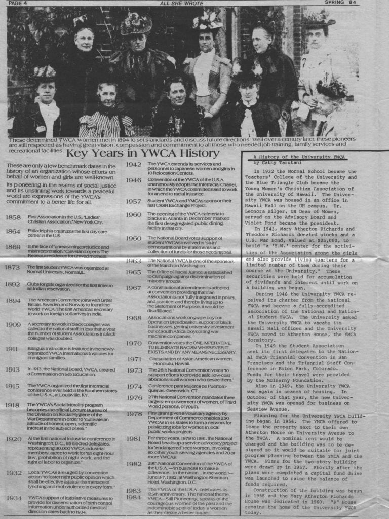 “Key Years in YWCA History.” All She Wrote, spring 1984, p. 4-5. Archives of Sexuality and Gender