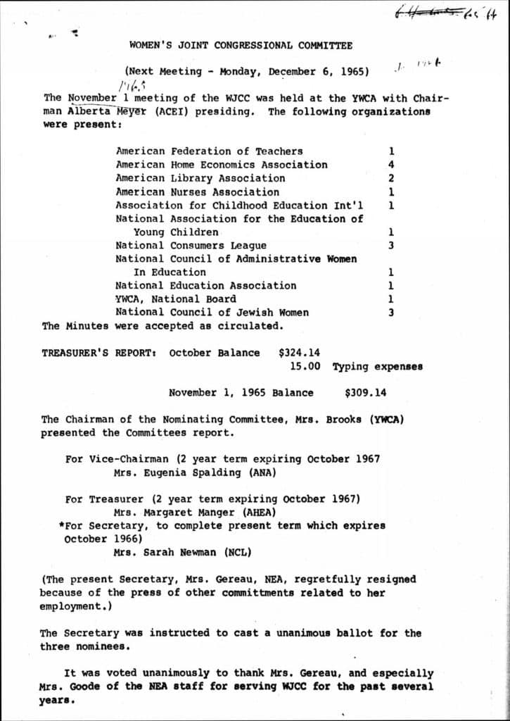 Minutes of Meetings. 1965. MS Women's Joint Congressional Committee: Minutes of Meetings MS 18849/5/8/M. Library of Congress. Women's Studies Archive
