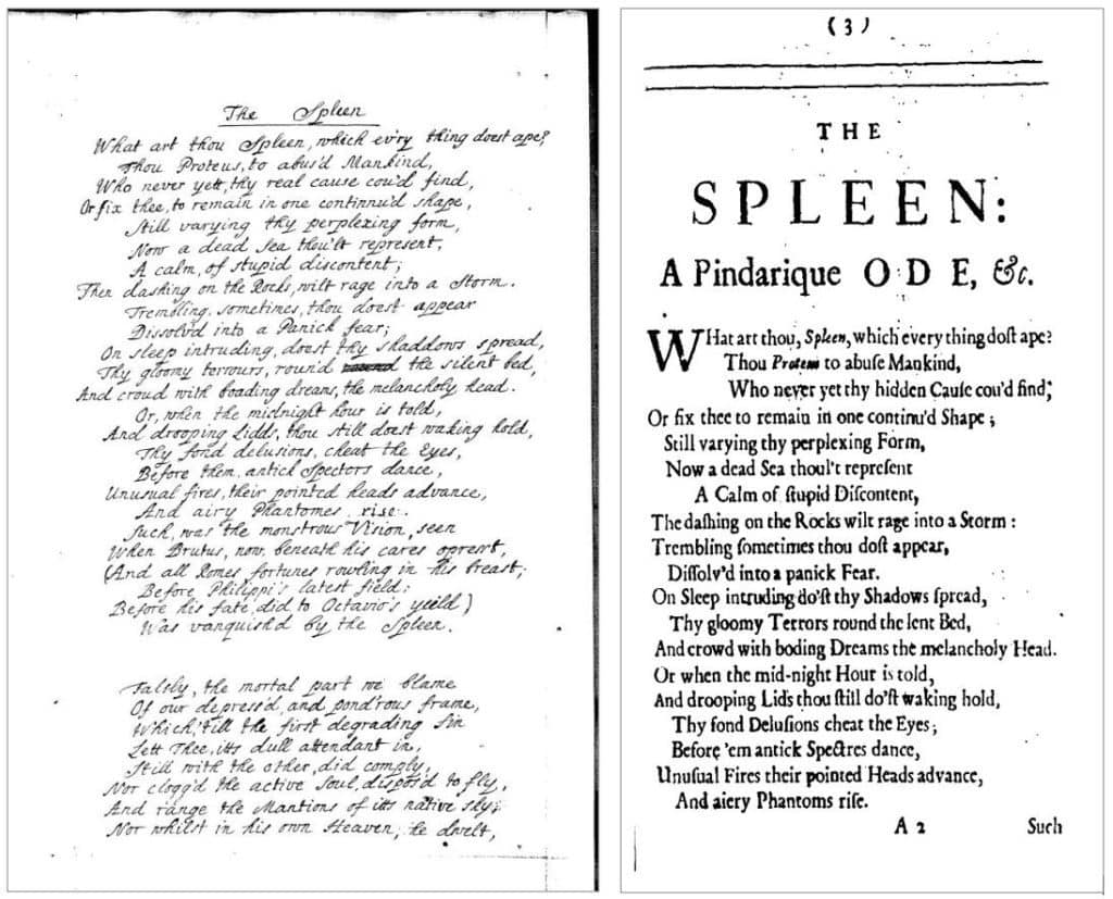 Left: Anne Finch, MS N. b. 3, Folger Shakespeare Library, p.52. Accessed through British Literary Manuscripts Online. Right: Anne Finch, The spleen, a pindarique ode. By a lady. Together with A prospect of death: a pindarique essay (H. Hills, London: 1709). 