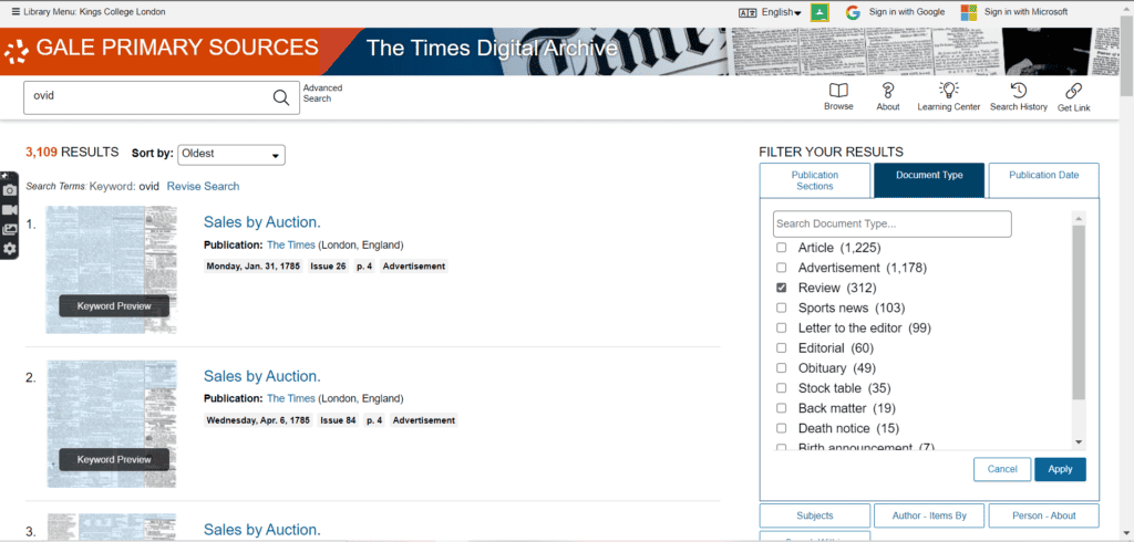 Search results from Times Digital Archive 