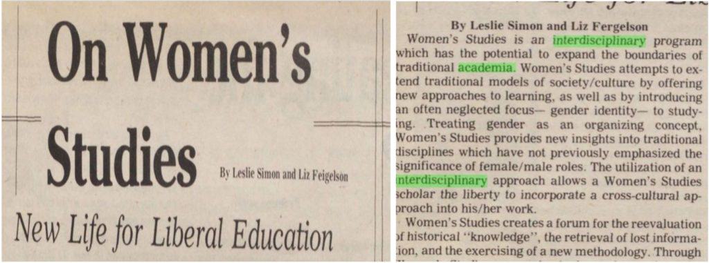 Simon, Leslie, and Liz Fergelson. "On Women's Studies." IAHU, 2 Mar. 1981, p. 6-7.
