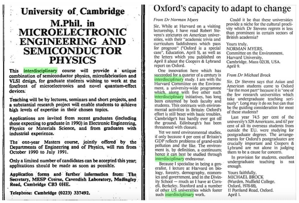 The interdisciplinary turn in academia is highlighted in these two articles in The Times. 