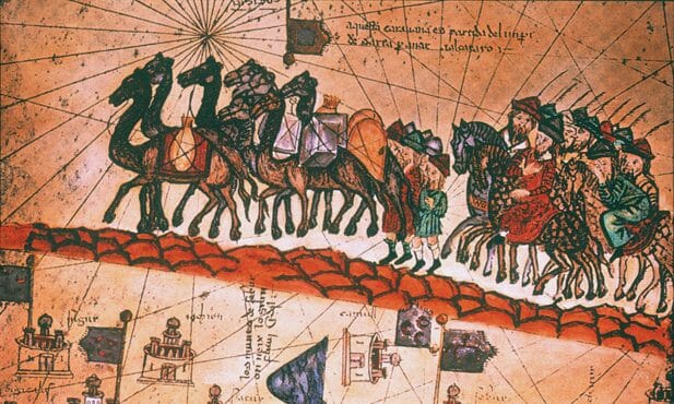 Illustration of what is believed to be the Polo family crossing the desert with a camel caravan from a 1375 atlas