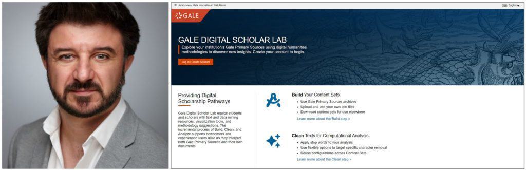 Left: Chris Houghton, Head of Digital Scholarship and Right: Gale Digital Scholar Lab interface, a tool for digital humanities analysis.