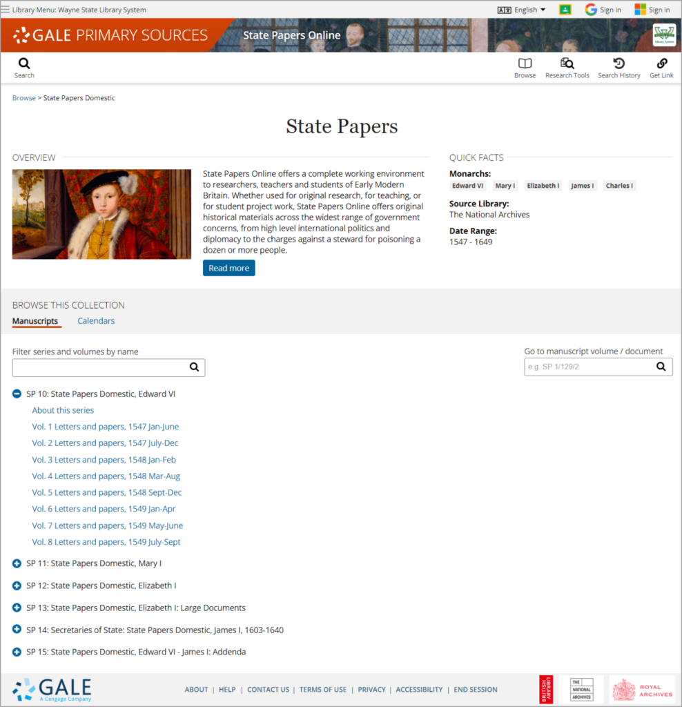 Mock up of  State Papers Online enhanced browse landing page at collection level
