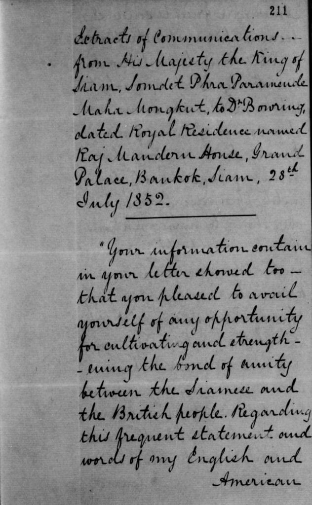 A page from the inclosure of Bowring’s despatch— “Extracts of communications from His Majesty the King of Siam”