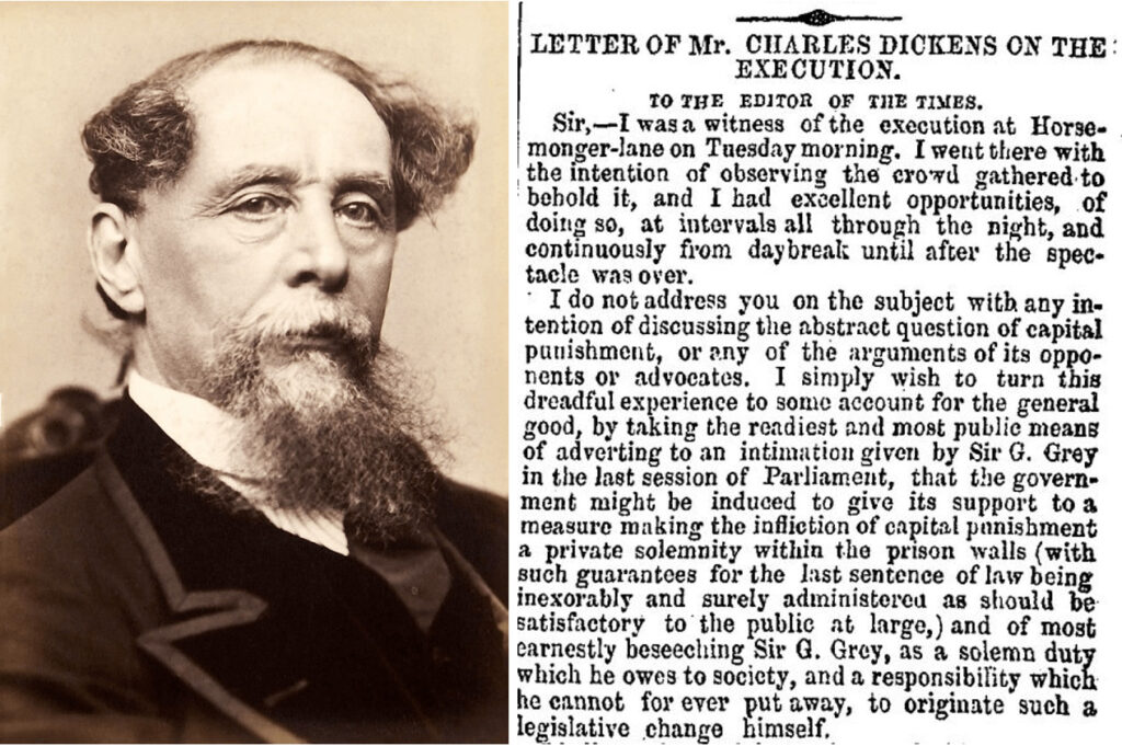 Left: Charles Dickens, Jeremiah Gurney. Left: Charles Dickens, Jeremiah Gurney, Public domain, via Wikimedia Commons Right: "LETTER OF Mr. CHARLES DICKENS ON THE EXECUTION." Northern Star [1838], 17 Nov. 1849. British Library Newspapers