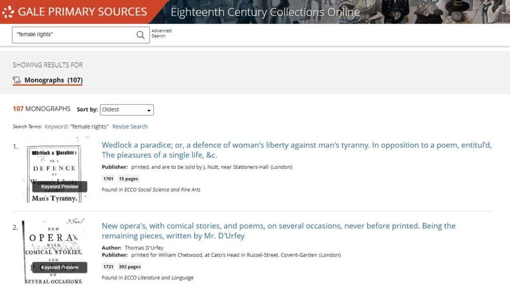 A suggested search for “female rights” from the Sample Topics and Searches section in Eighteenth Century Collections Online returning only 107 results.
Search Tips provided in Learning Centers