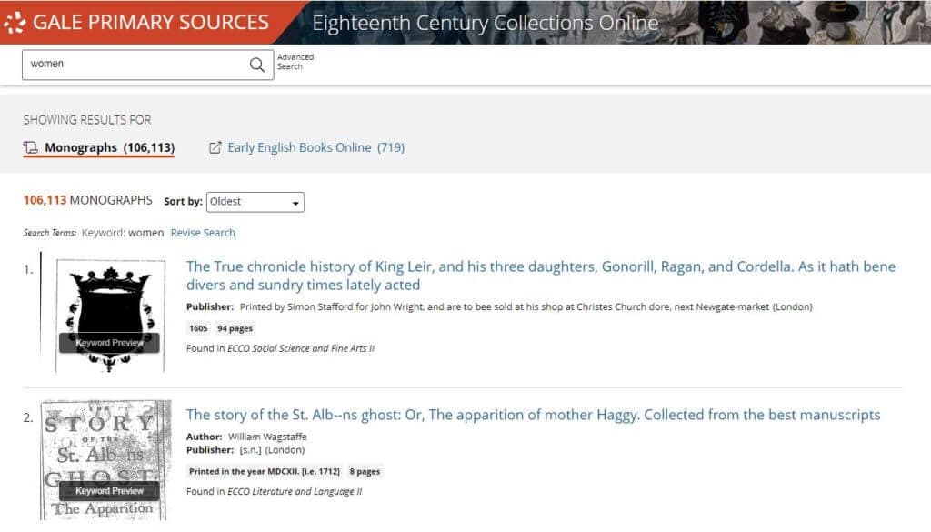 A screenshot of a search for “women” in Eighteenth Century Collections Online returning 106,113 monograph results.