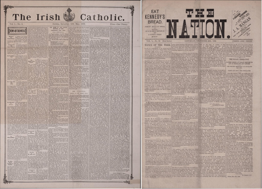 Left: “Irish Catholic.” Irish Catholic, 12 May 1888, p. 1. British Library Newspapers. Left: “Irish Catholic.” Irish Catholic, 12 May 1888, p. 1. British Library Newspapers, https://link.gale.com/apps/doc/CBONWA108766512/BNCN?u=omni&sid=bookmark-BNCN&xid=595b1d77 Right: “Advertisements and Notices.” Irish Catholic, 26 Dec. 1896, p. [1]. British Library Newspapers