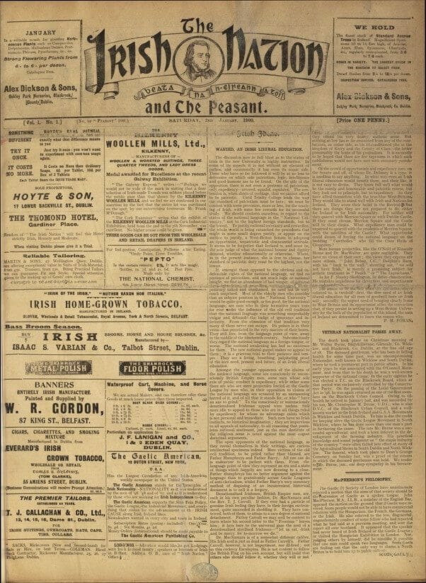 "Advertisements and Notices." Peasant and Irish Ireland, 2 Jan. 1909. British Library Newspapers