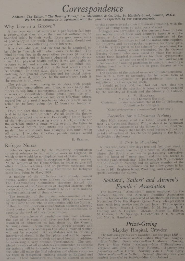 "Correspondence." Nursing Times, vol. 34, no. 1754, 10 Dec. 1938