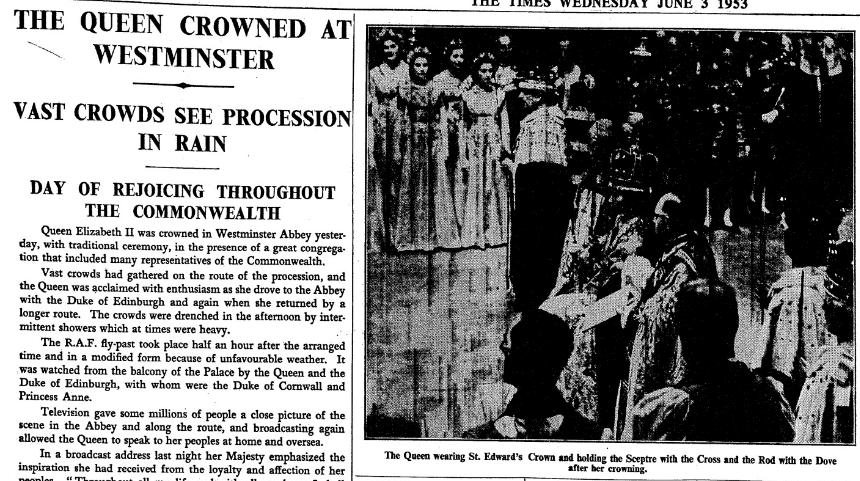 "The Queen Crowned At Westminster." Times, 3 June 1953, p. 12. The Times Digital Archive