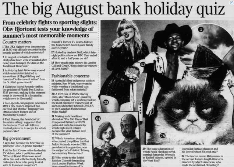 Screenshot of a pop culture quiz in The Times Digital Archive. Bjortomt, Olav. "The big August bank holiday quiz." The Times. 26 Aug. 2019. 