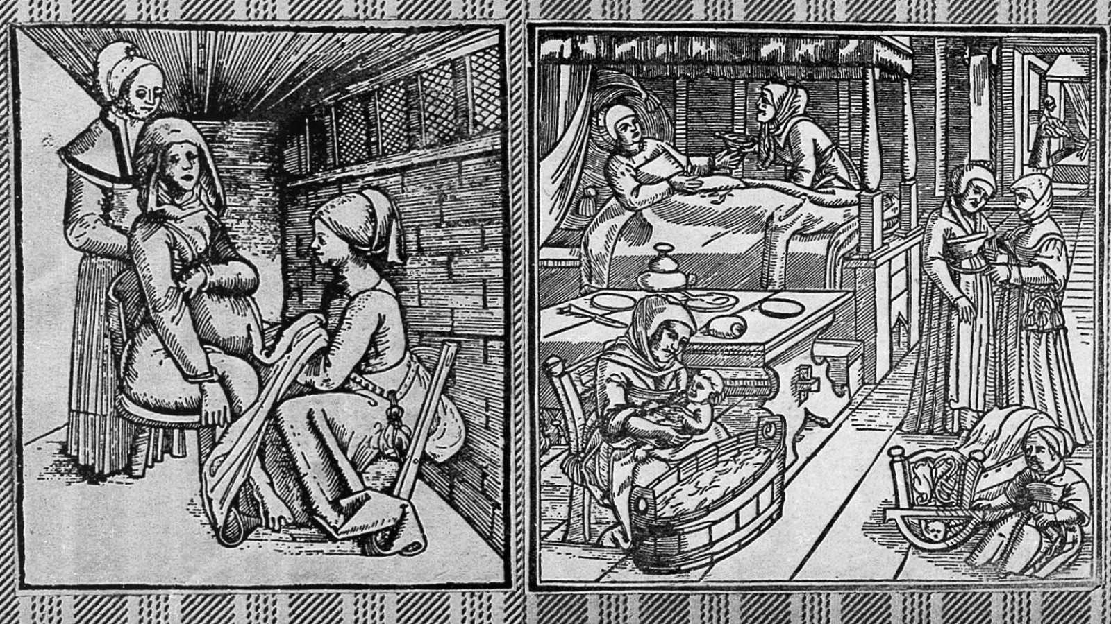 Obstetrics: midwife assisting in a birth, Original woodcut image from E. Roeslin, Rosengarten, 1513,Wellcome Collection