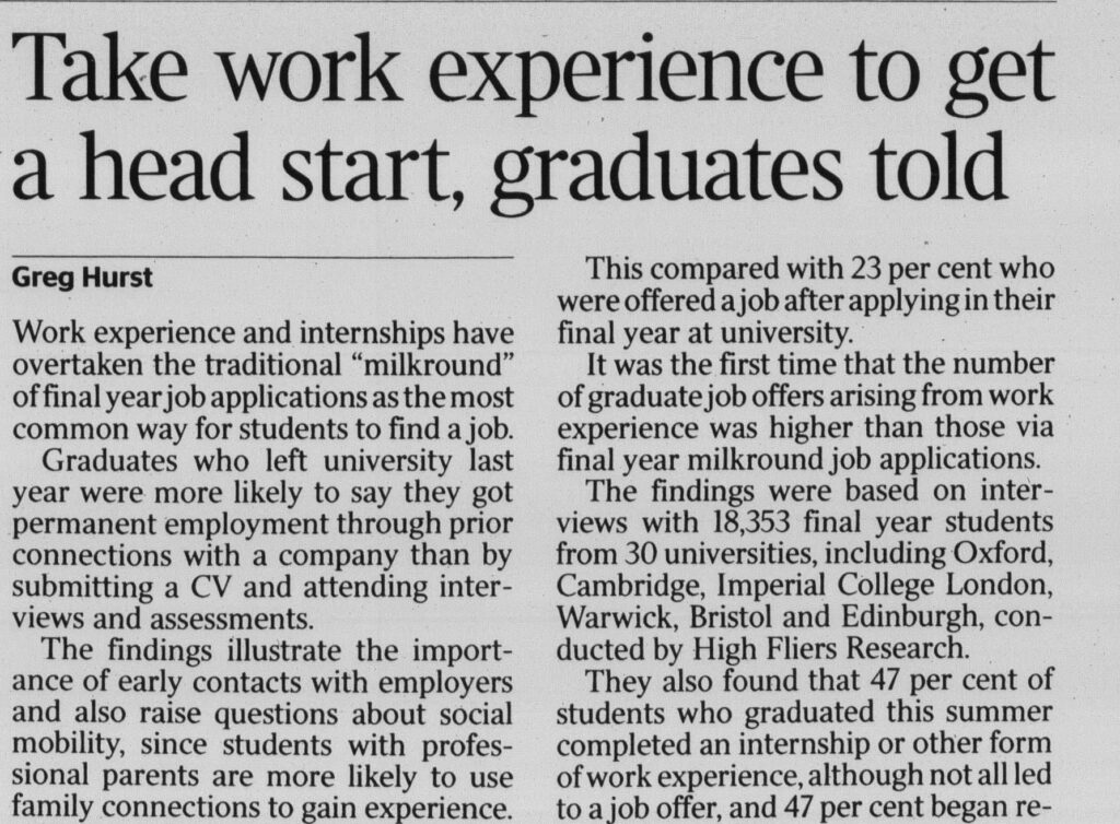 Hurst, Greg. "Take work experience to get a head start, graduates told." Times, 4 Oct. 2016, p. 15. The Times Digital Archive