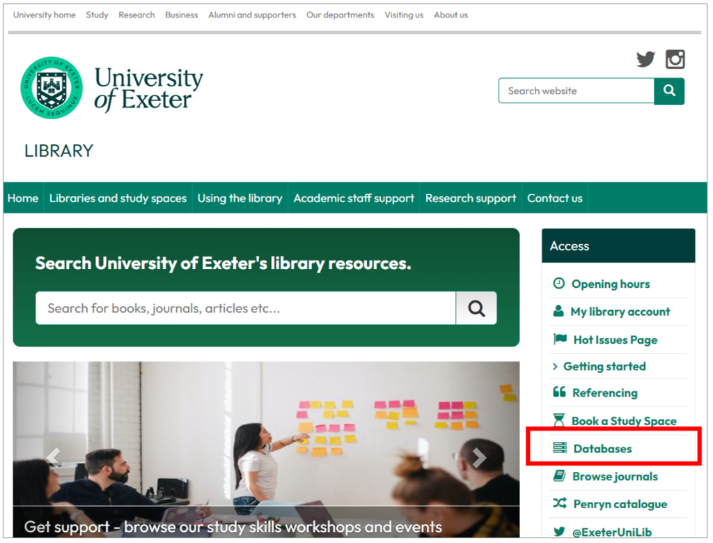 Exeter Library homepage – click on ‘Databases’.