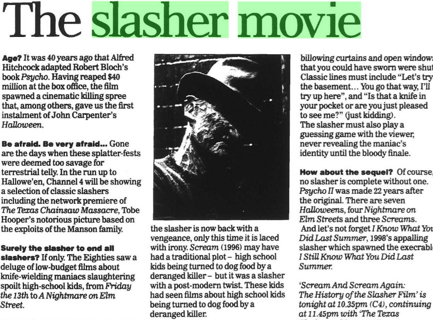 Rampton, James. "The Slasher Movie." The Information. Independent, 28 Oct. 2000, p. 47. The Independent Historical Archive