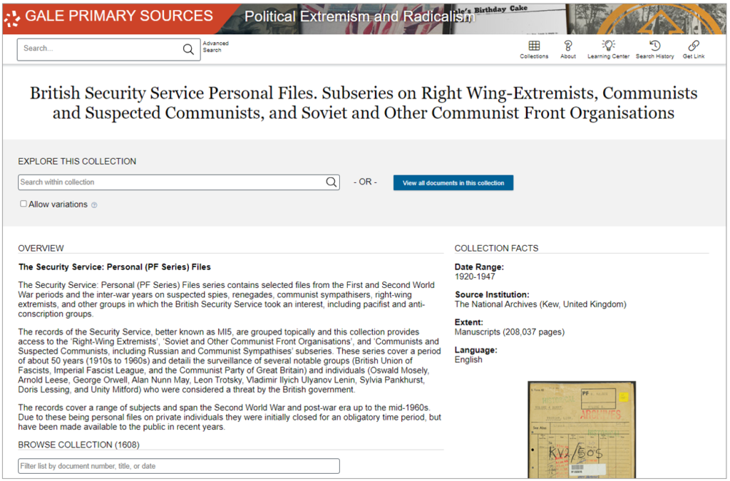 Screenshot of The Security Service: Personal (PF Series) Files series’ description can be found within the Gale platform.