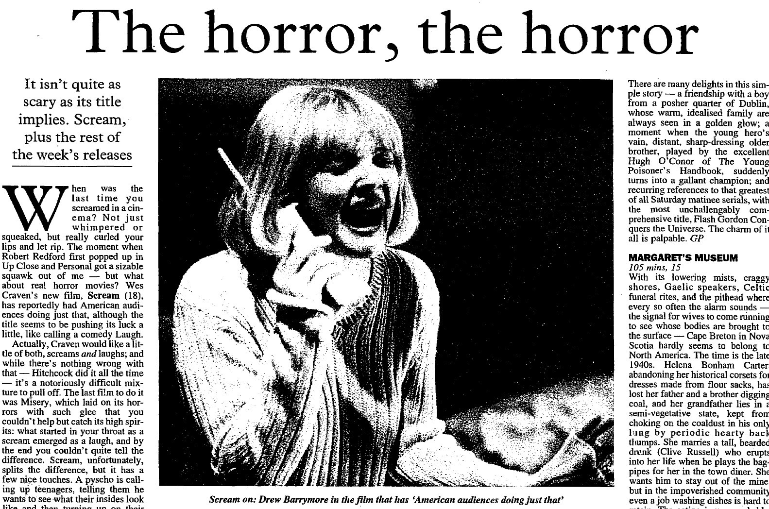 Screenshot of newspaper review of the film 'Scream'