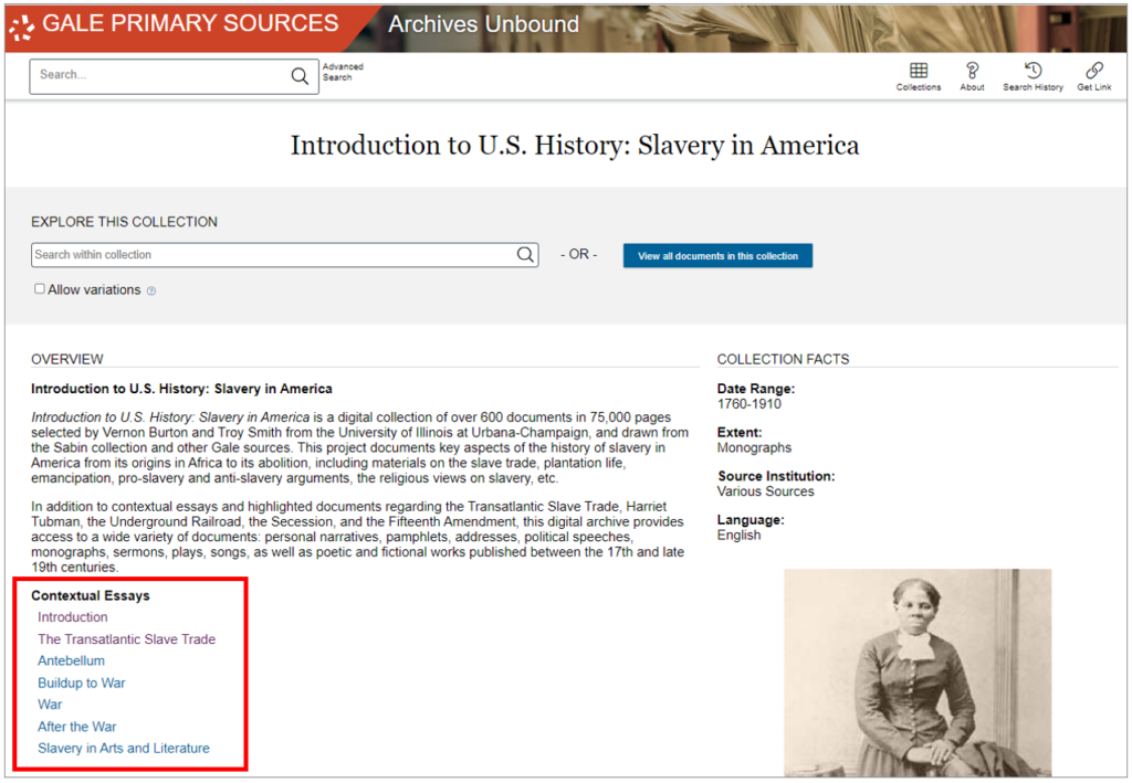 Screenshot showing where users will find contextual Essays in this Archives Unbound collection