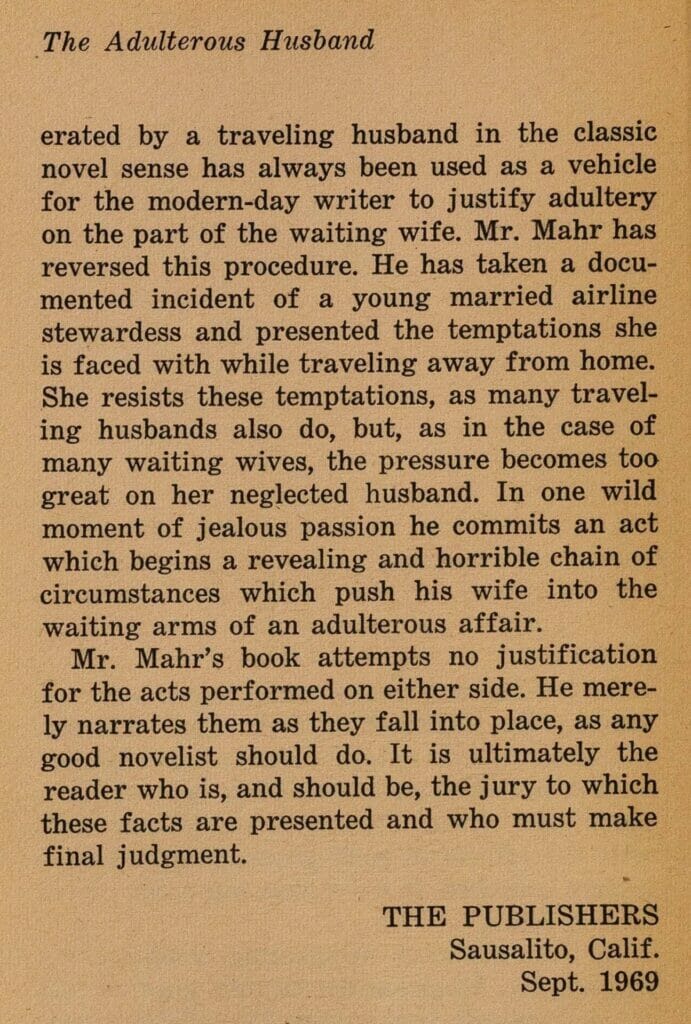 Mahr, Allen. The adulterous husband. Tiburon House Publishing Co., 1969. Archives of Sexuality and Gender 