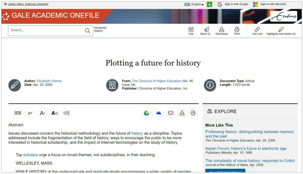 Gale Academic OneFile screenshot "Plotting a future for history." The Chronicle of Higher Education, vol. 46, no. 34, 28 Apr. 2000, pp. A18+