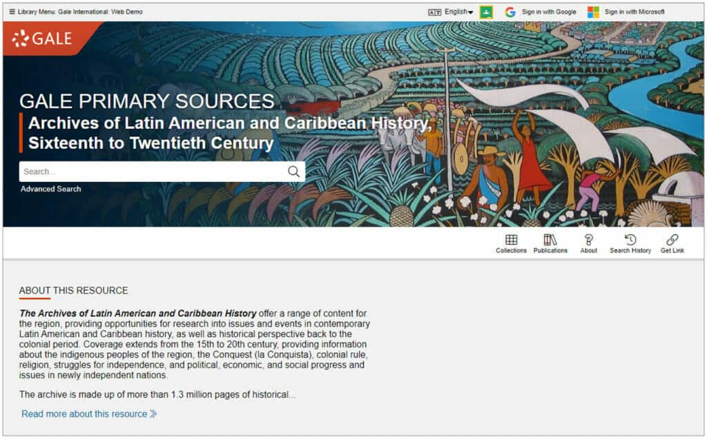 The homepage interface for Archives of Latin American and Caribbean History, Sixteenth to Twentieth Century.