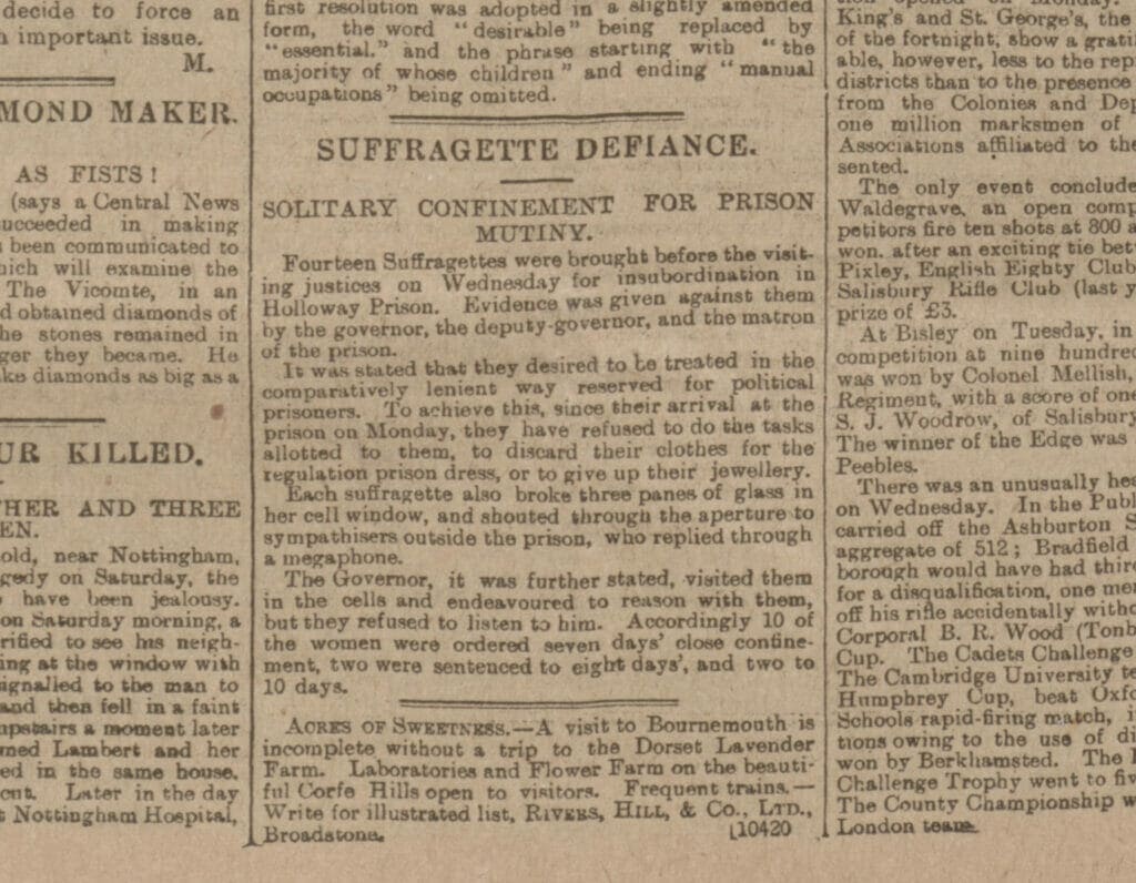 "Suffragette Defiance." Western Gazette, 16 July 1909, p. 12. British Library Newspapers