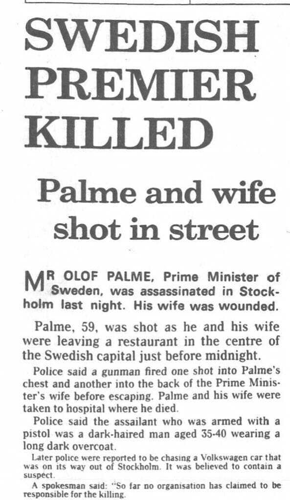 "Swedish Premier Killed." Daily Telegraph, 1 Mar. 1986, p. [1]. 