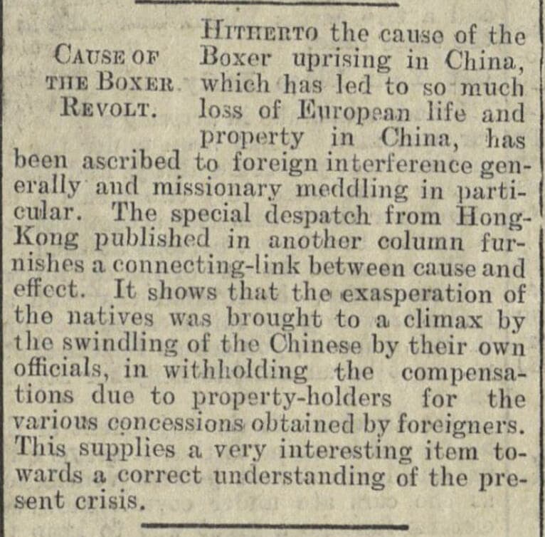 "Cause of the Boxer Revolt." New York Herald [European Edition], 1 July 1900, p. 4. International Herald Tribune Historical Archive