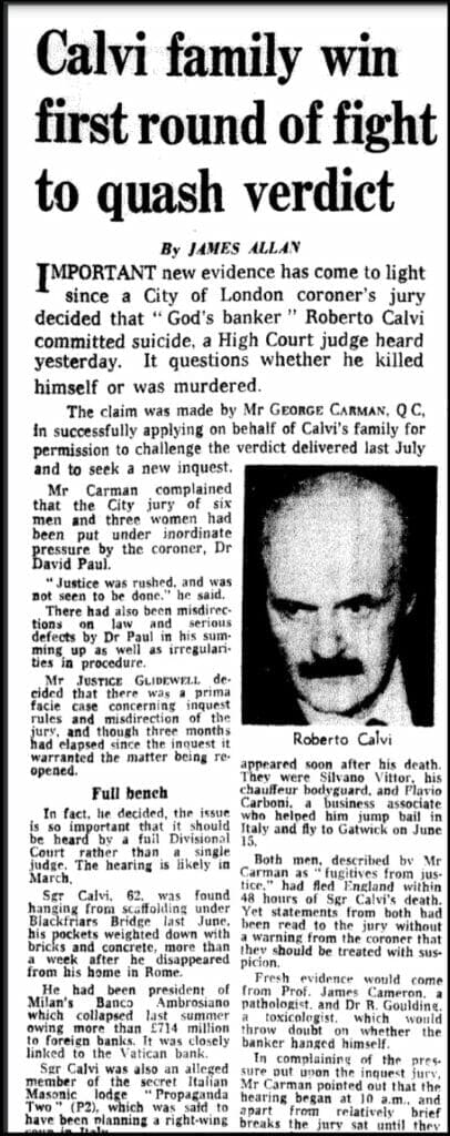 Allan, James. "Calvi family win first round of fight to quash verdict." Daily Telegraph, 14 Jan. 1983, p. 13. The Telegraph Historical Archive