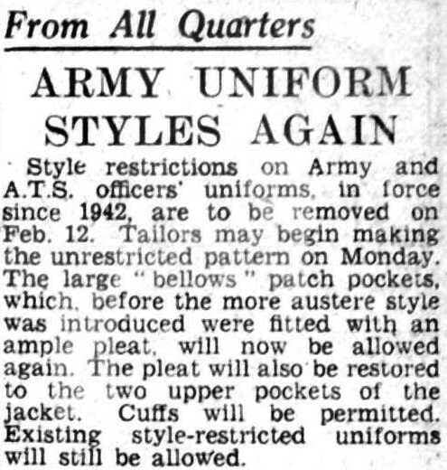 "Army Uniform Styles Again." Daily Telegraph, 11 Jan. 1945, p. 5.