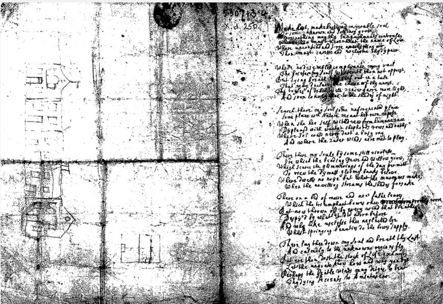 A page from an early eighteenth-century manuscript miscellany. On the right is a scribal transcript of a poem by Aphra Behn, on the left a drawing of a house.