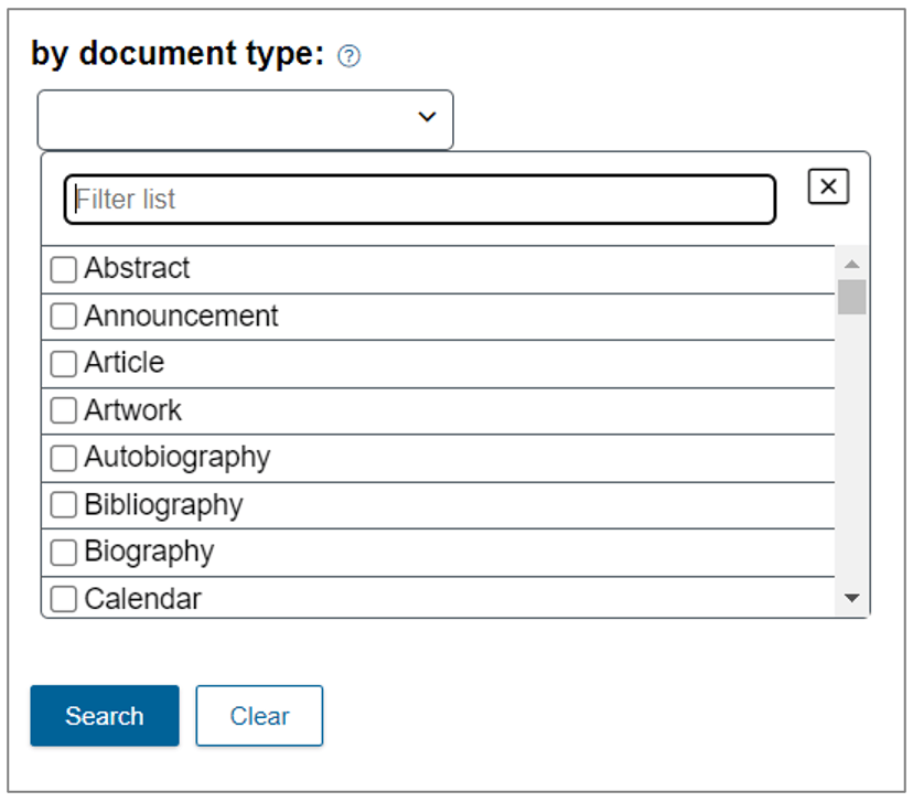 The ‘Document Type’ search filter on the Gale Primary Sources platform, thus available for British Literary Manuscripts Online.