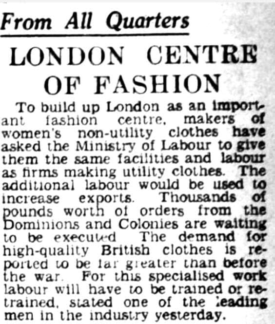 "London Centre of Fashion." Daily Telegraph, 13 Jan. 1945, p. 3