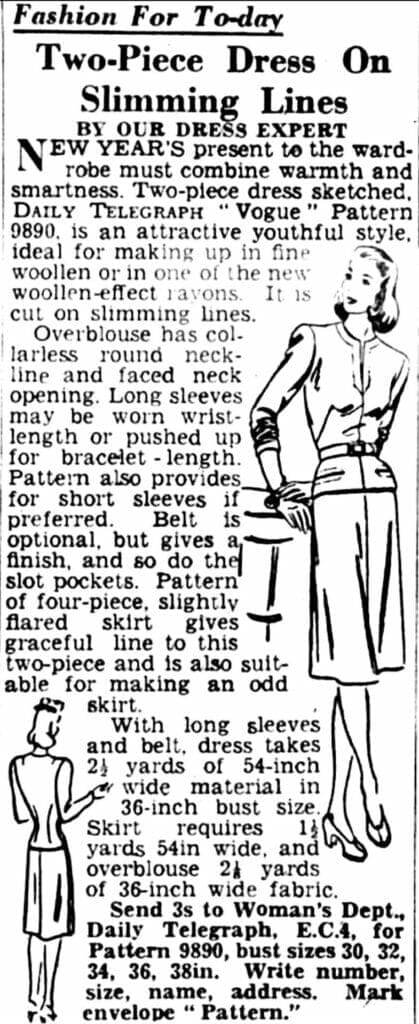Our Dress Expert. “Two-Piece Dress On Slimming Lines .” Daily Telegraph, 1 Jan 1945