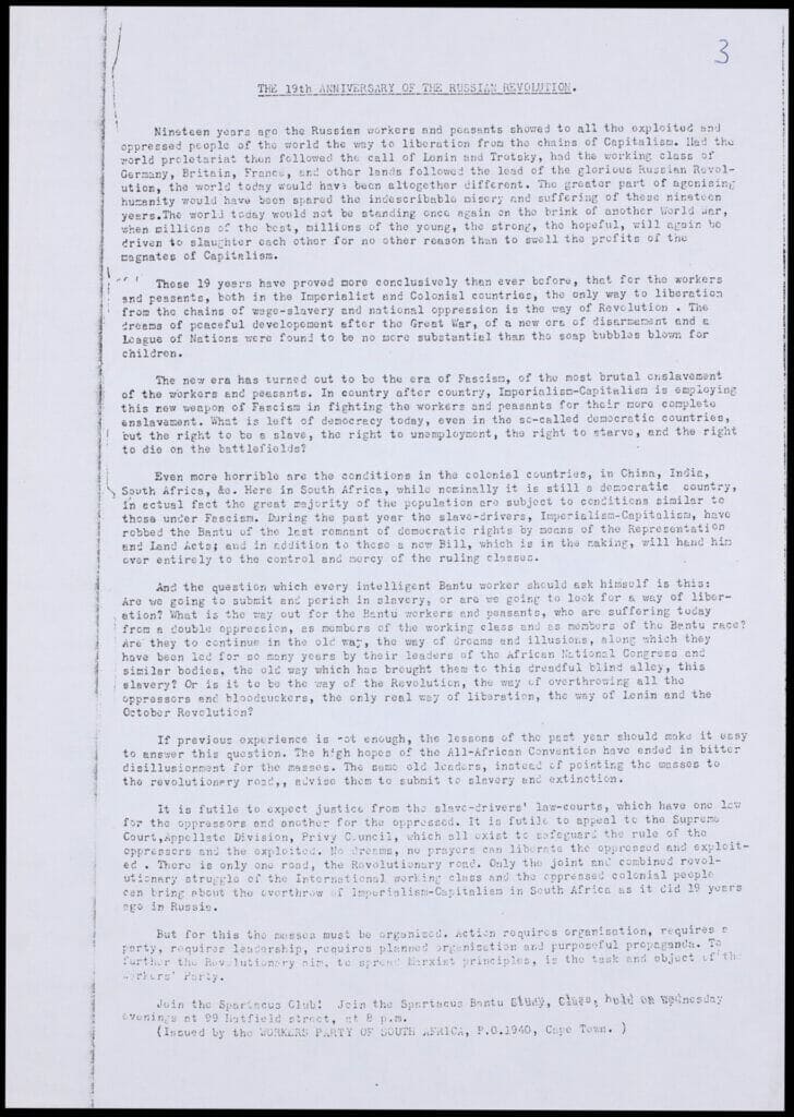 Workers' Party of South Africa. Papers Relating to the Workers' Party of South Africa, 1938-1944