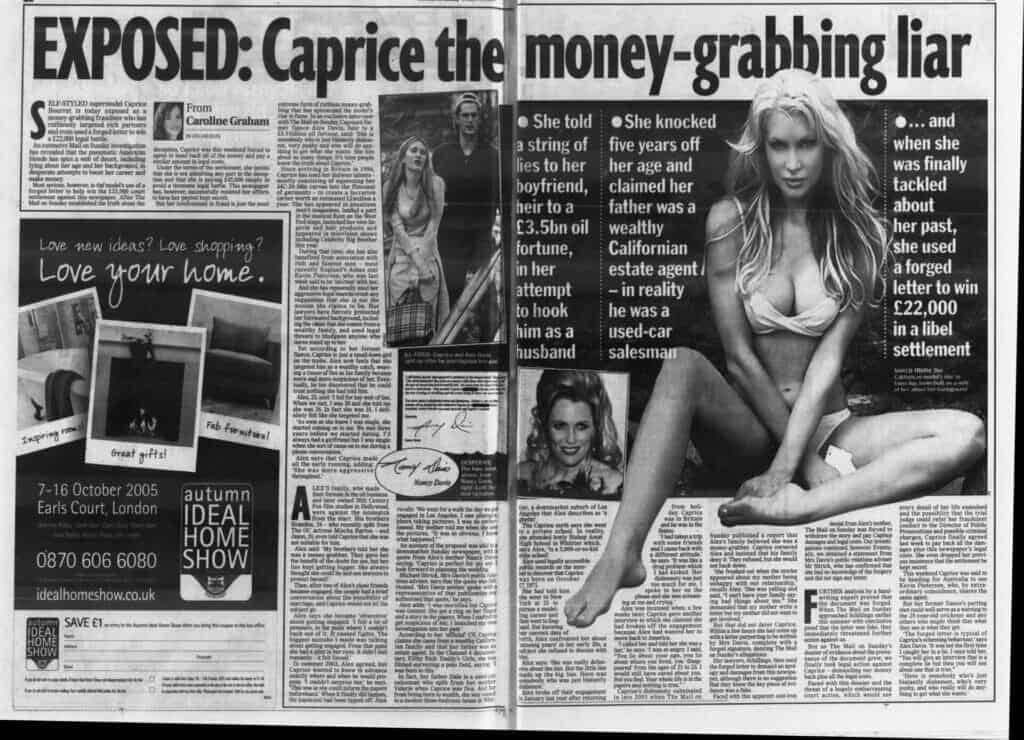 Graham, Caroline. "Exposed: Caprice the Money-Grabbing Liar." Mail on Sunday Historical Archive