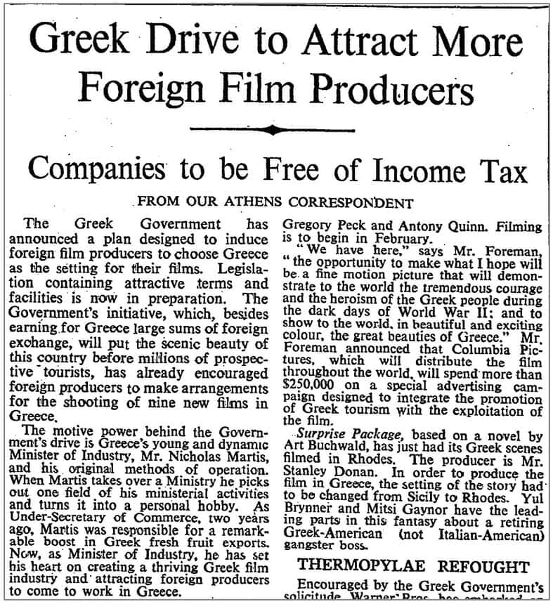 FROM OUR ATHENS CORRESPONDENT. "Greek Drive to Attract More Foreign Film Producers." Times, 24 Nov. 1959, p. 3. The Times Digital Archive