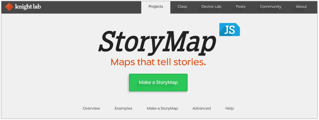 Knight Lab StoryMapJS platform homepage.